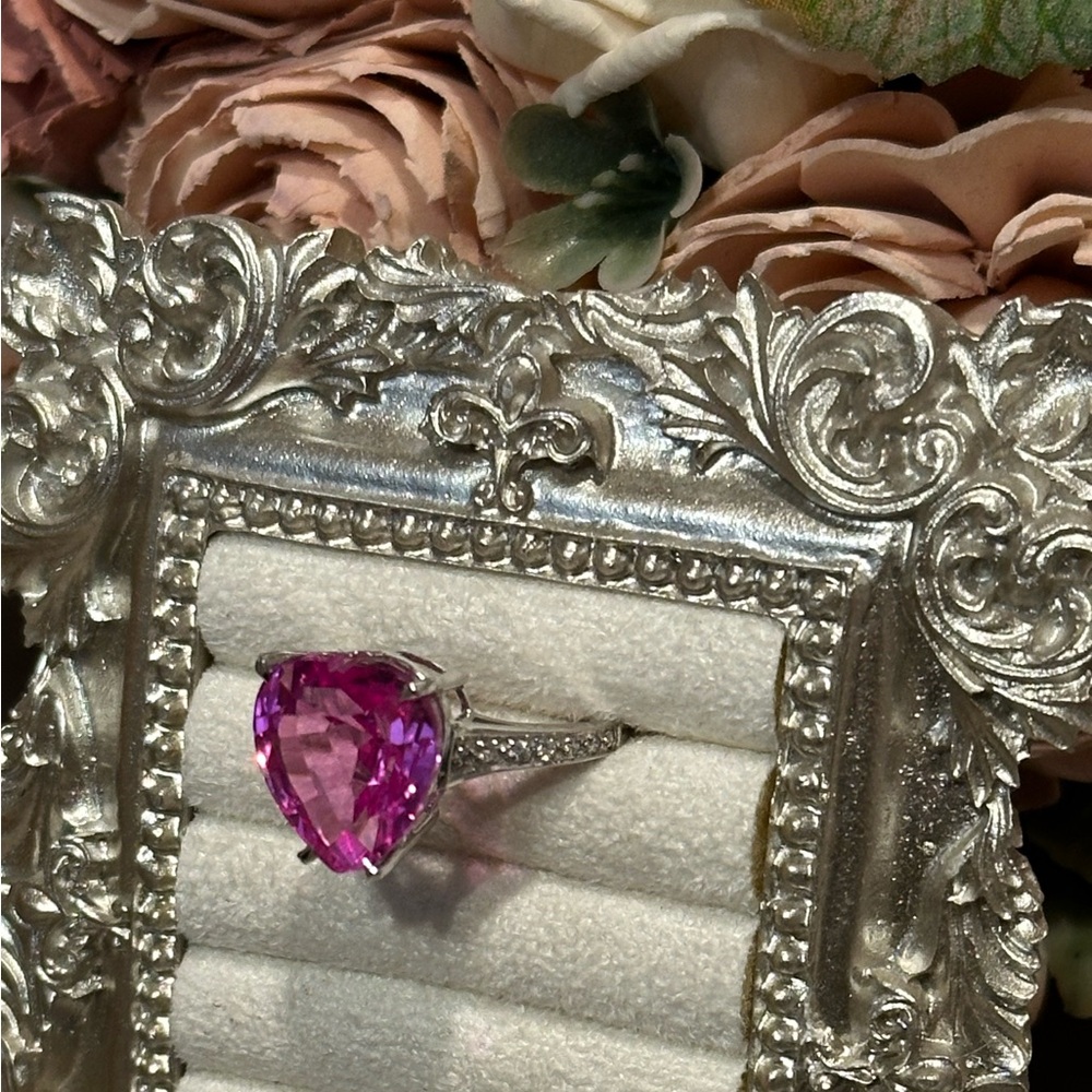 11ct Heart Pink Sapphire Ring White Gold plated over Sterling Silver - Picture 3 of 8